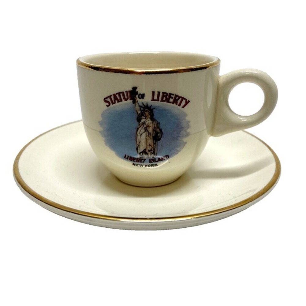 New York Statue Of Liberty Tea Cup & Saucer 4 1/2" Liberty Island Vtg M.I. USA